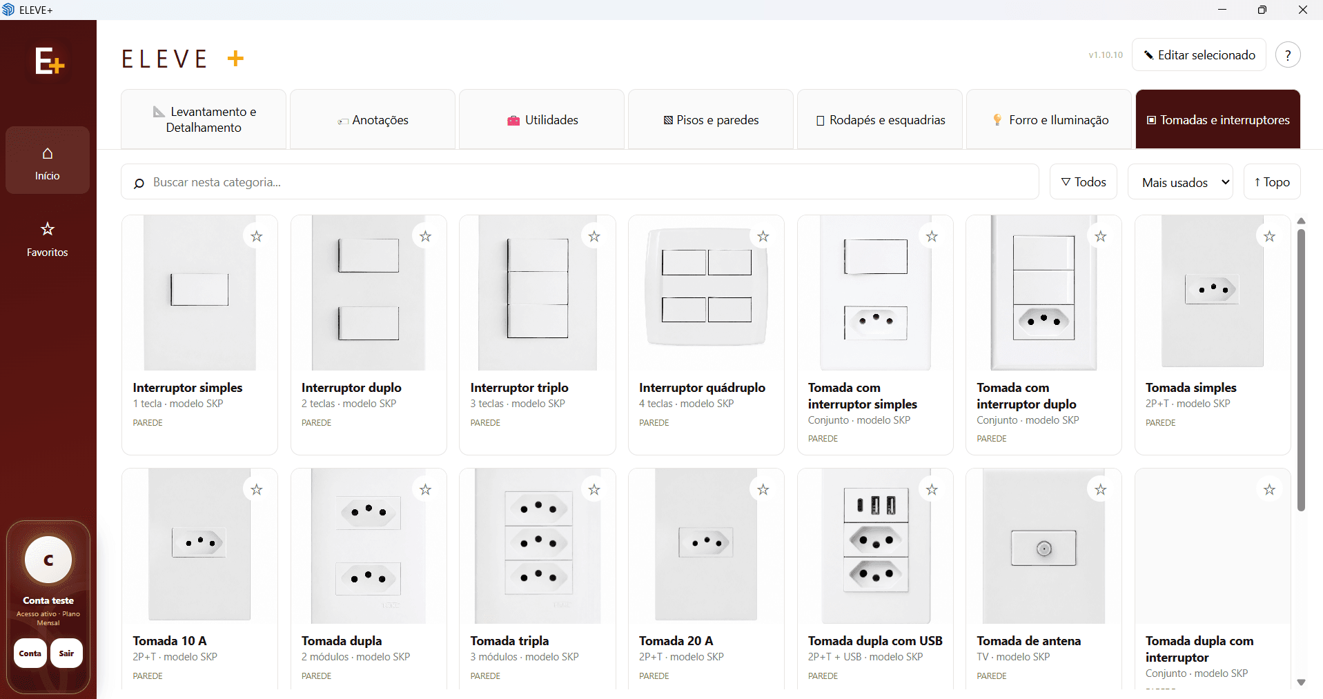 Catálogo de tomadas e interruptores do ELEVE+, com busca e filtros, aberto no SketchUp