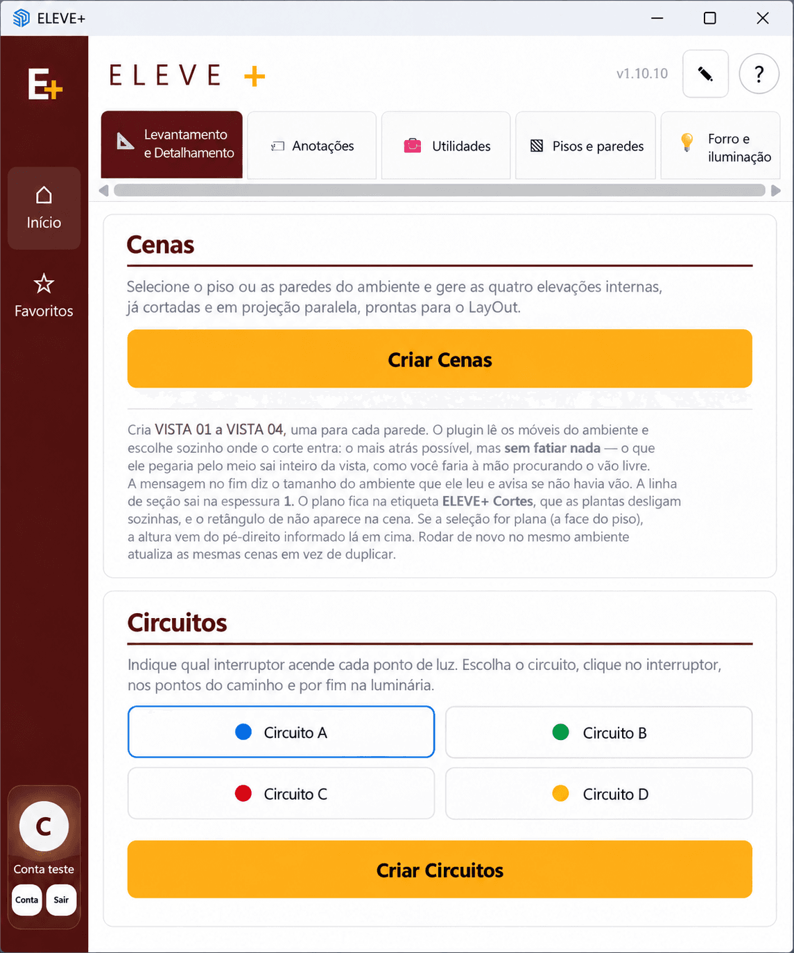 Ferramentas de Cenas e Circuitos do ELEVE+, com os circuitos A, B, C e D