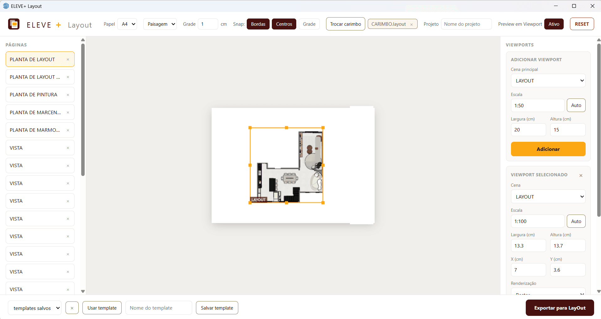 ELEVE+ Layout com a prancha A4 montada, lista de páginas e painel de viewports