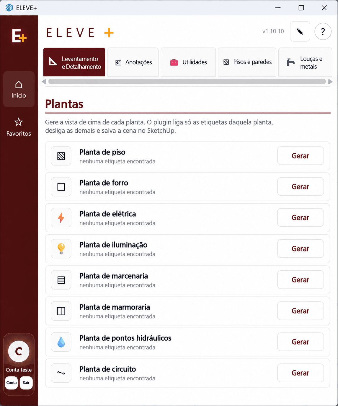 Lista de plantas do ELEVE+: piso, forro, elétrica, iluminação, marcenaria, marmoraria, pontos hidráulicos e circuito